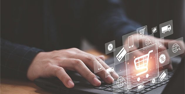 Webshop Icons unterlegt mit Bild von Mann an Laptop