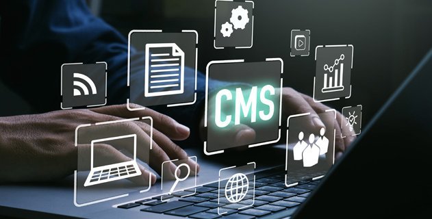 CMS und Internet Icons unterlegt mit Bild von Mann an Laptop